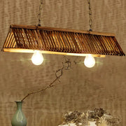 Decorbites™ brown rectangular bamboo pendant lighting fixture with two exposed heads for tearoom triangular island light