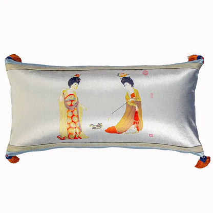 Silver satin cushion cover with embroidered chinese beauty girl luxury design and orange tassels for living room sofa