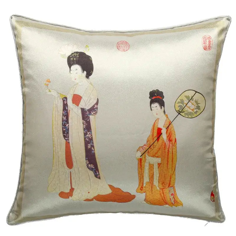 Decorbites™ beauty girl luxury satin cushion cover with traditional japanese women illustration for living room sofa