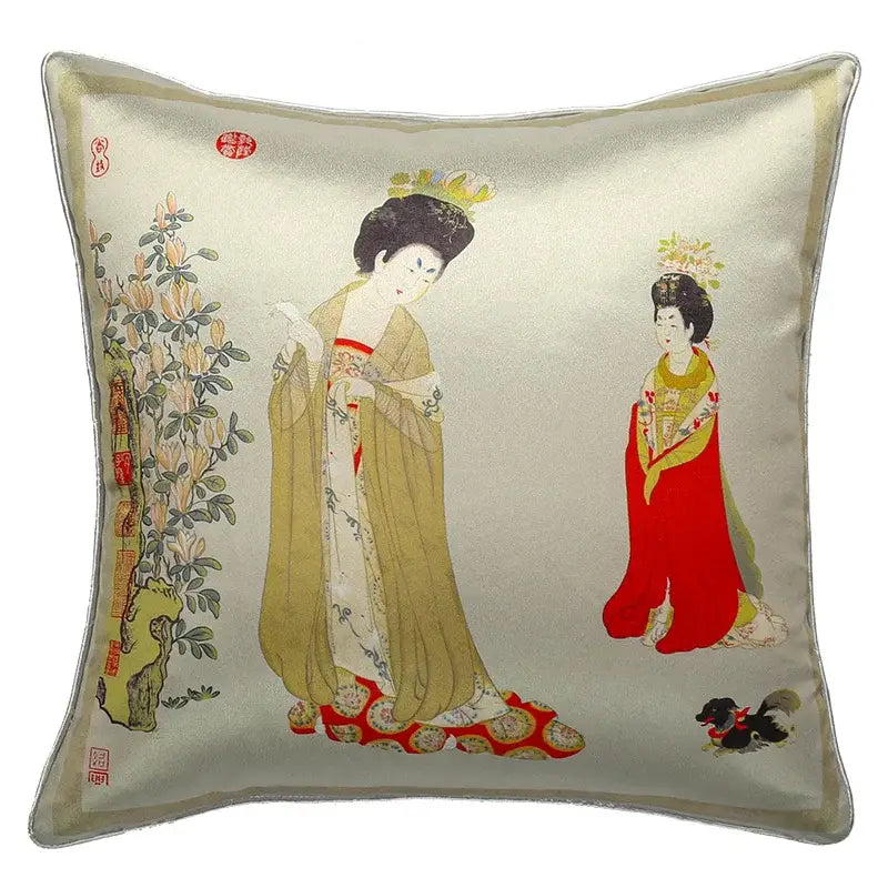 Decorbites™ chinese beauty girl luxury cushion cover in silver satin with embroidered traditional east asian women design