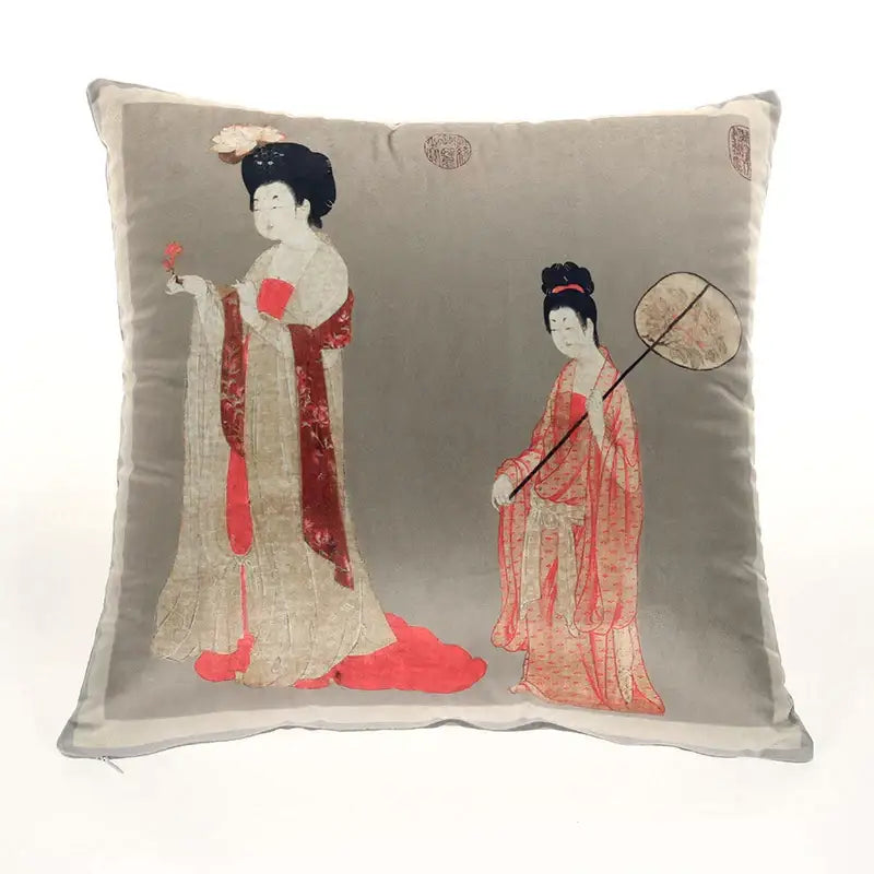Gray velvet cushion cover featuring embroidered beauty girl luxury design with traditional Chinese women for living room sofa