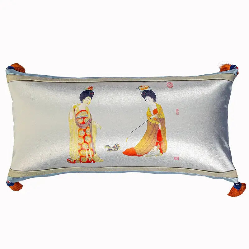Silver satin cushion cover featuring embroidered chinese beauty girls in ornate robes with orange tassels for sofa use