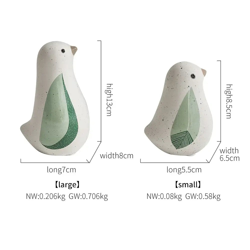 Decorbites bird figurines featuring white ceramic with speckled texture and sage green geometric wings for home decor