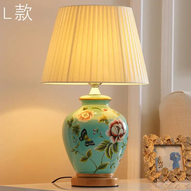 Decorbites™ turquoise bird flower ceramic table lamp with hand-painted motifs and pleated cream shade for living room