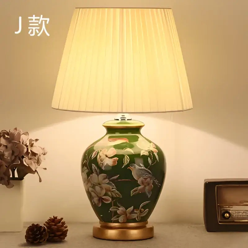DecorBites™ green bird flower ceramic table lamp with floral design and cream pleated shade for bedroom lighting