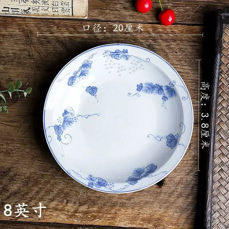 DecorBites™ set of 2 white porcelain vegetable plates and rice soup bowls with blue floral vine patterns and glossy finish