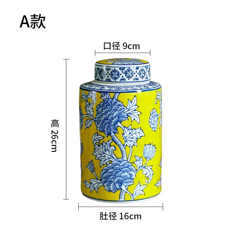 A vibrant yellow ceramic tea canister with blue white porcelain floral patterns by DecorBites Chinese Blue