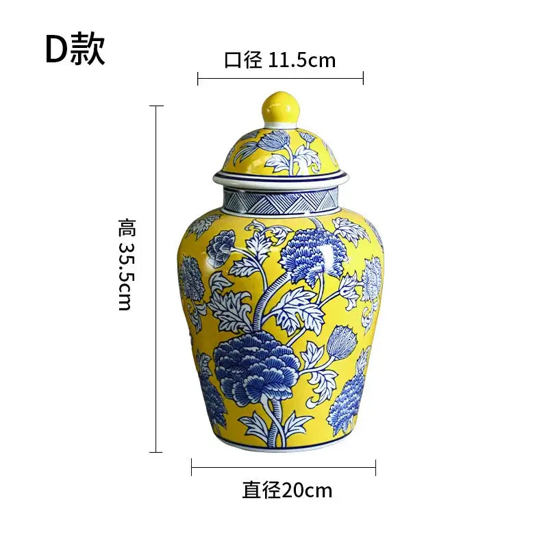 Vibrant yellow ceramic jar with blue white porcelain floral patterns and geometric band by decorbites chinese blue