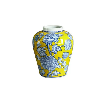 A vibrant yellow DecorBites Chinese blue white porcelain jar with intricate blue floral patterns for home decoration