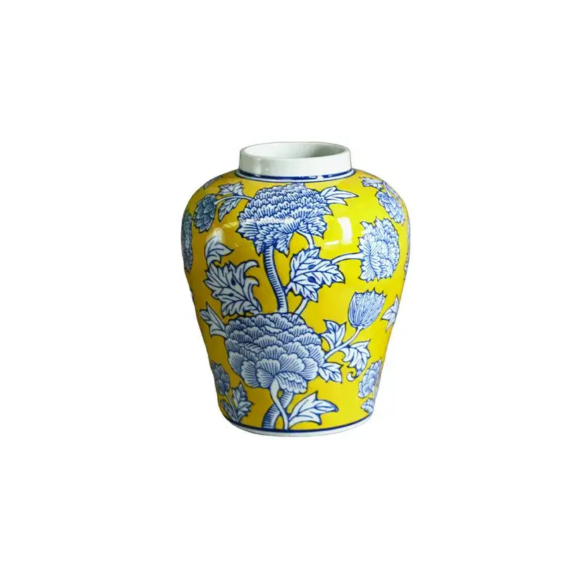 A vibrant yellow DecorBites Chinese blue white porcelain jar with intricate blue floral patterns for home decoration