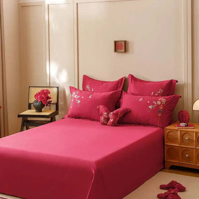 Vibrant fuchsia satin bedding set with decorbites chinese butterfly flowers embroidery and matching pillows in 1000tc cotton