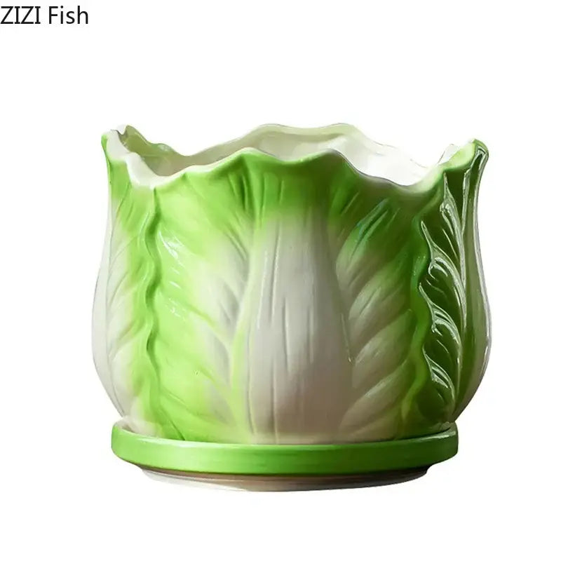 Green ceramic chinese cabbage ceramic vase with matching saucer by decorbites for table decoration and flower arrangement
