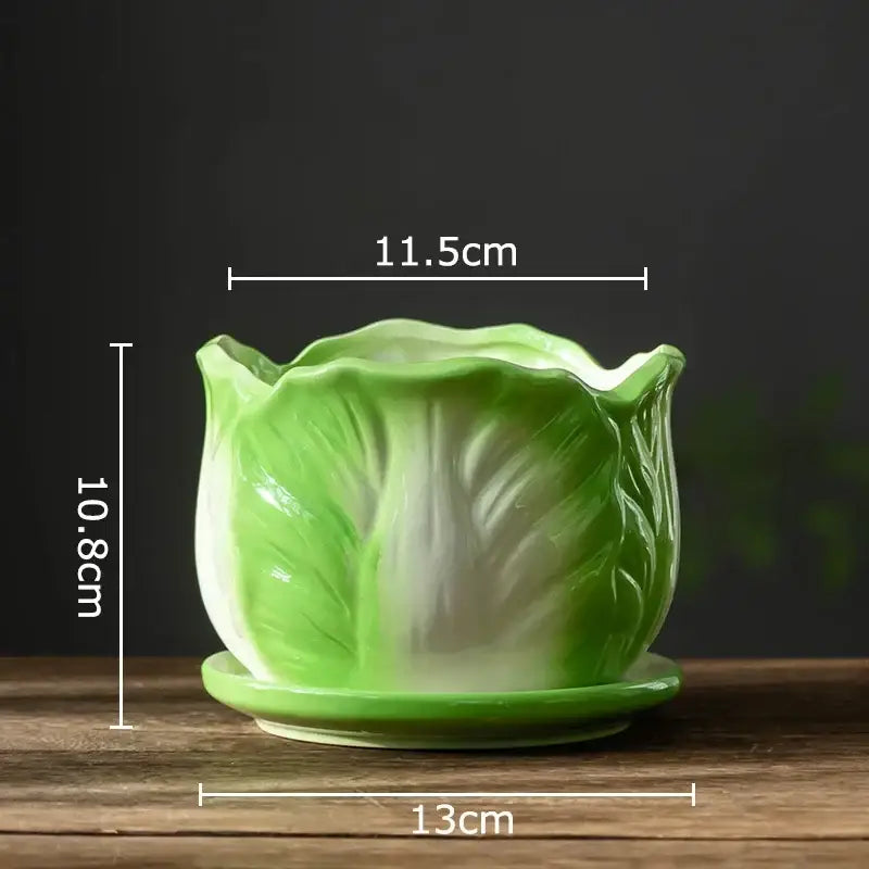 Green ceramic vase in the shape of a chinese cabbage with matching saucer by DecorBites Chinese cabbage ceramic decor