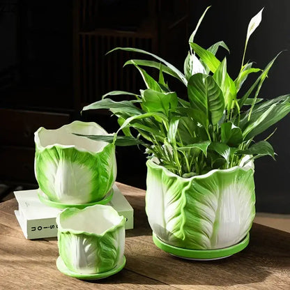 Green and white ceramic vase with detailed leaf patterns decorbites chinese cabbage ceramic for room decor and flower arrangement