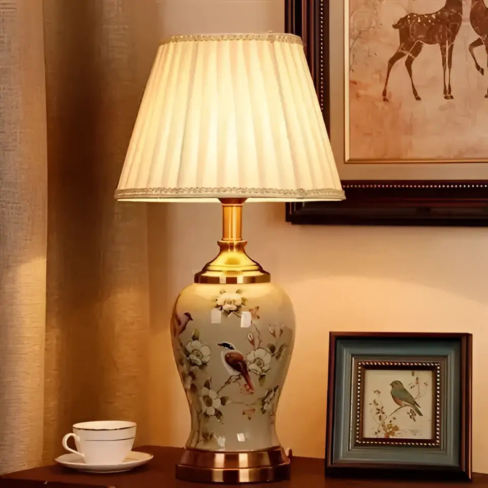 DecorBites™ ceramic table lamp cream-colored with gold metal accents and fluted off-white fabric shade for living room
