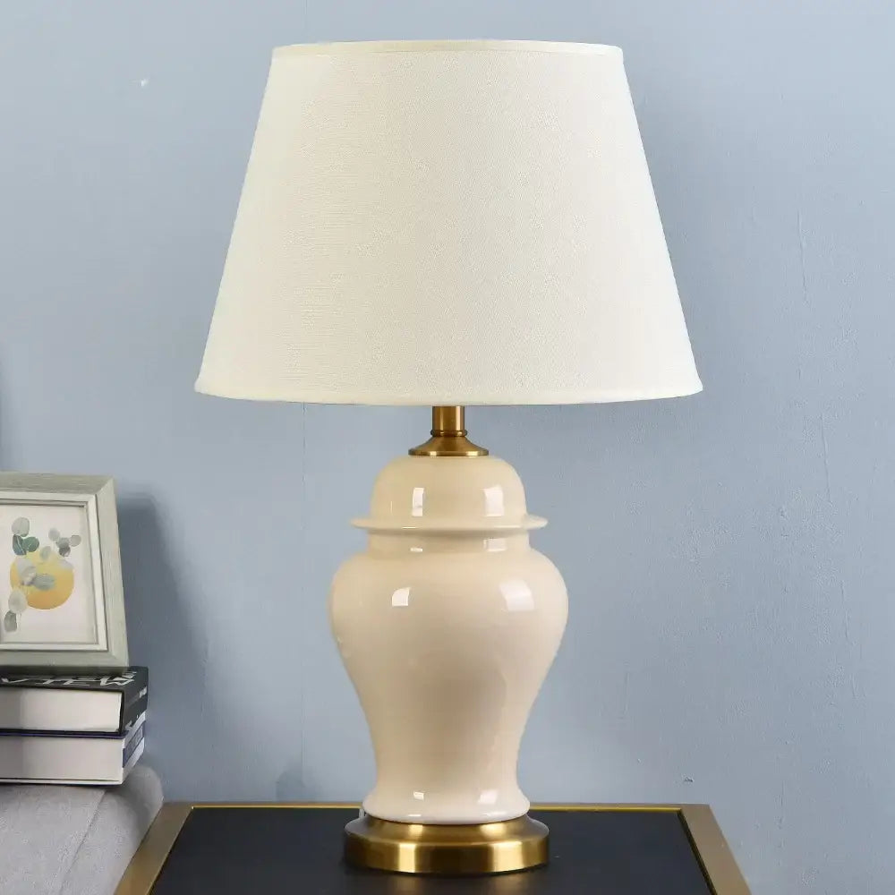 Decorbites™ cream ceramic table lamp with gold metal base and off-white fabric shade for living room decor