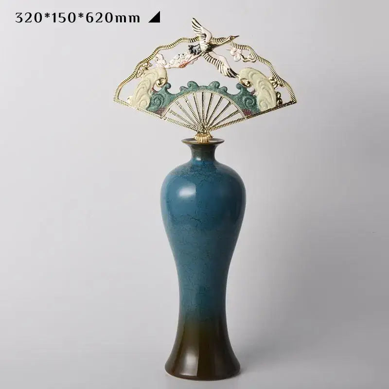 Decorbites chinese ceramic vase featuring a tall slender blue crackled glaze and golden bird fan sculpture for living room decor