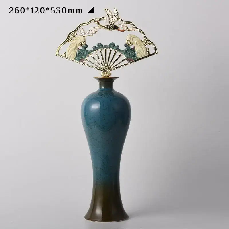 Tall slender decorbites chinese ceramic vase with gradient blue glaze and ornate metallic fan for living room decor