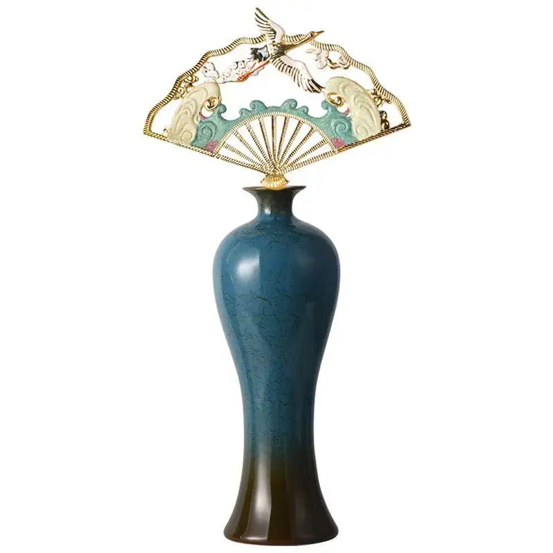 Decorbites chinese ceramic vase tall glossy blue crackled glaze with ornate golden fan ornament living room decor