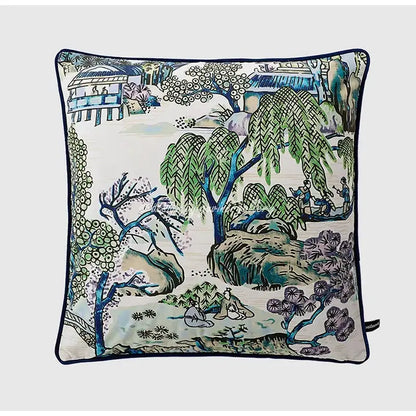 Square pillow cover with a detailed chinese city landscape velvet design in blue green and purple on off-white background