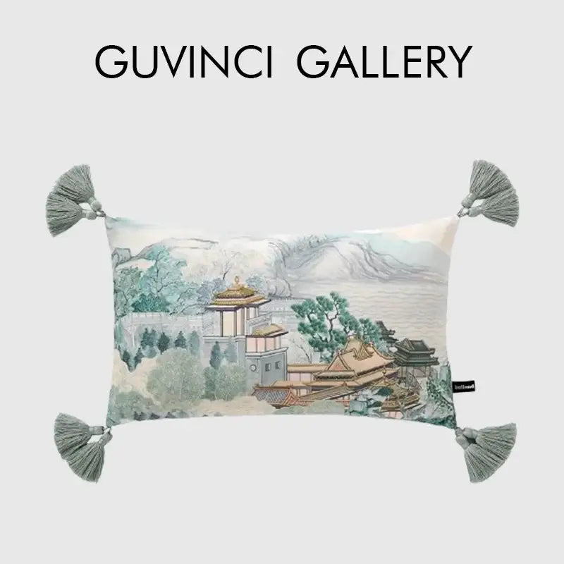 Rectangular DecorBites™ pillow cover with city landscape velvet design and sage green tassels, 30x50cm lumbar size