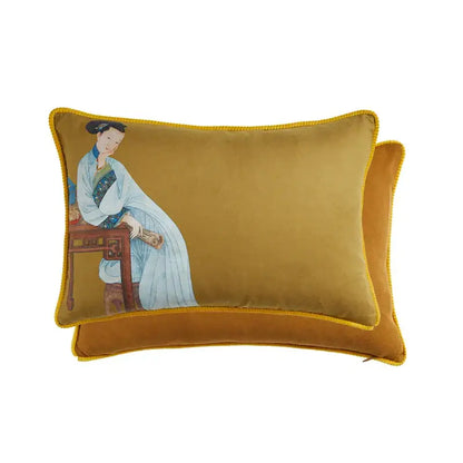 Mustard yellow velvet cushion cover featuring a classical women print of an east asian woman in traditional attire with tassels