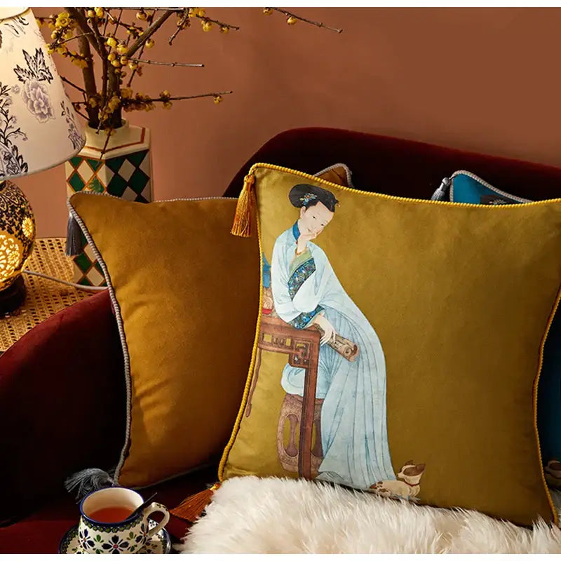 Olive velvet cushion cover featuring a classical women print of an east asian woman with gold tassels by DecorBites