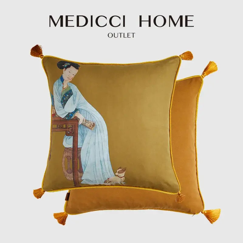 Golden velvet cushion cover featuring embroidered classical women print in light blue robe with gold tassels by DecorBites