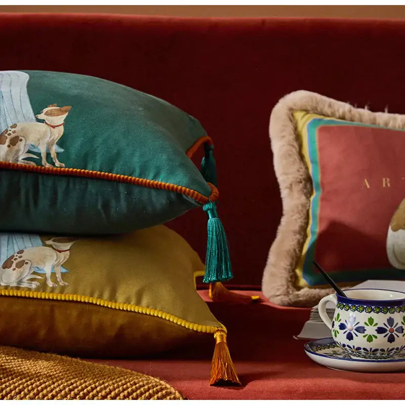Emerald green velvet cushion cover with embroidered dog and tassel trim from decorbites classical women print collection