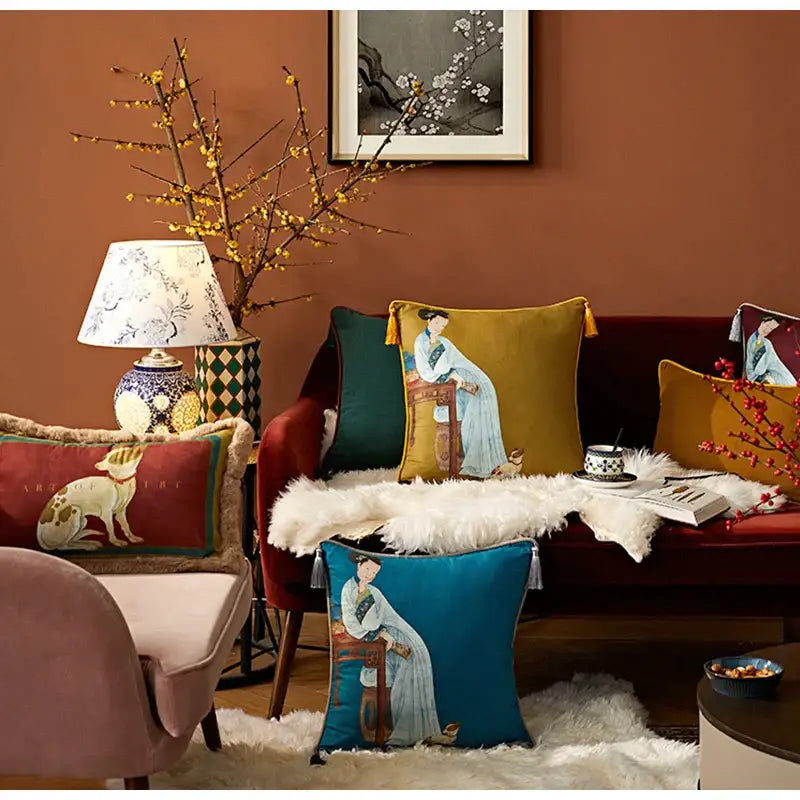 Gold and teal cushion cover with classical women print and tassels featuring an ancient Chinese woman in traditional attire