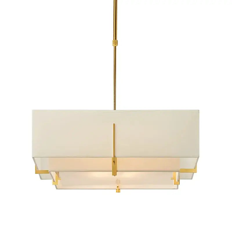 Gold-finished rectangular pendant lamp with layered frosted glass shades and geometric metal accents for minimalist living room