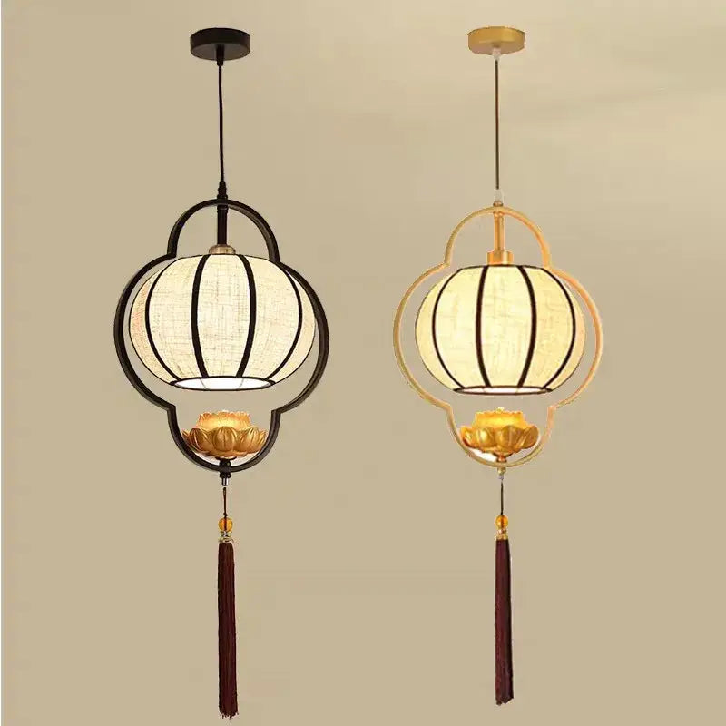 DecorBites™ chinese cloth chandelier pendant light with black and gold frames white fabric shades for elegant tea house decor