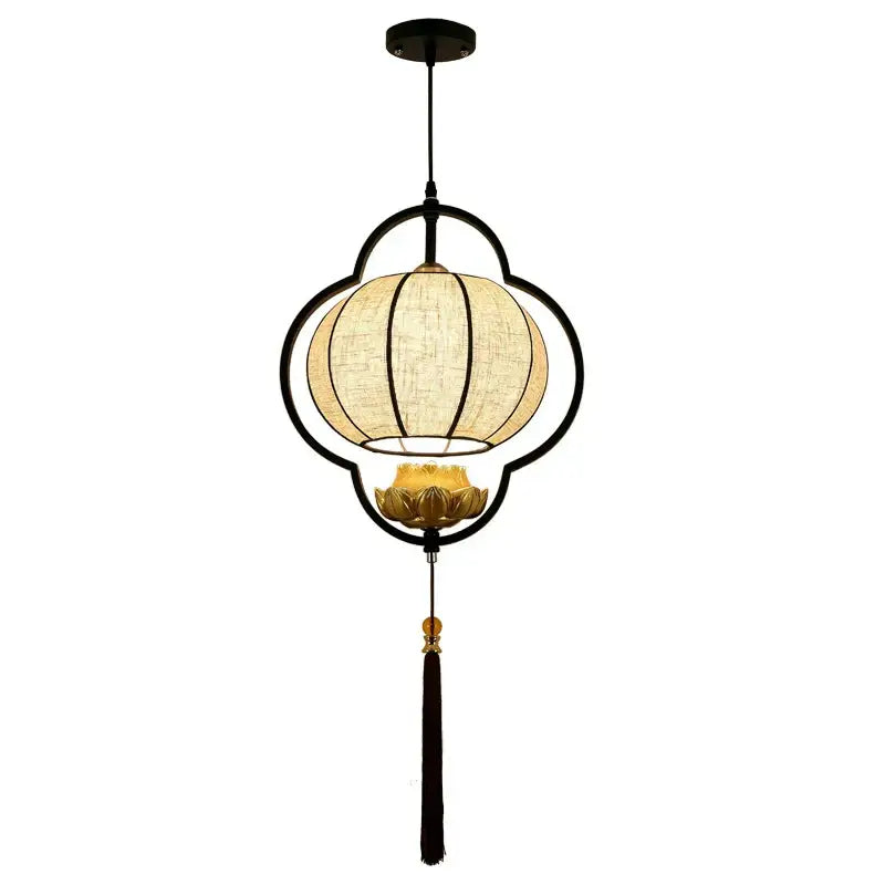 Decorbites™ chinese cloth chandelier pendant light with black metal frame beige fabric shade and gold lotus for elegant tea house