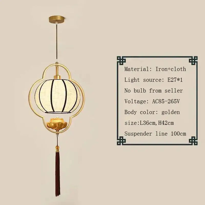Golden fabric pendant light with iron frame and decorative tassel from decorbites elegant tea house chandelier
