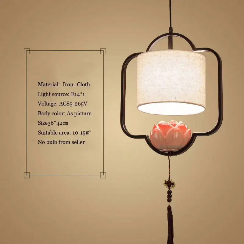 Black iron-framed decorbites cloth chandelier with white cloth shade and pink lotus flower for dining room or bedroom