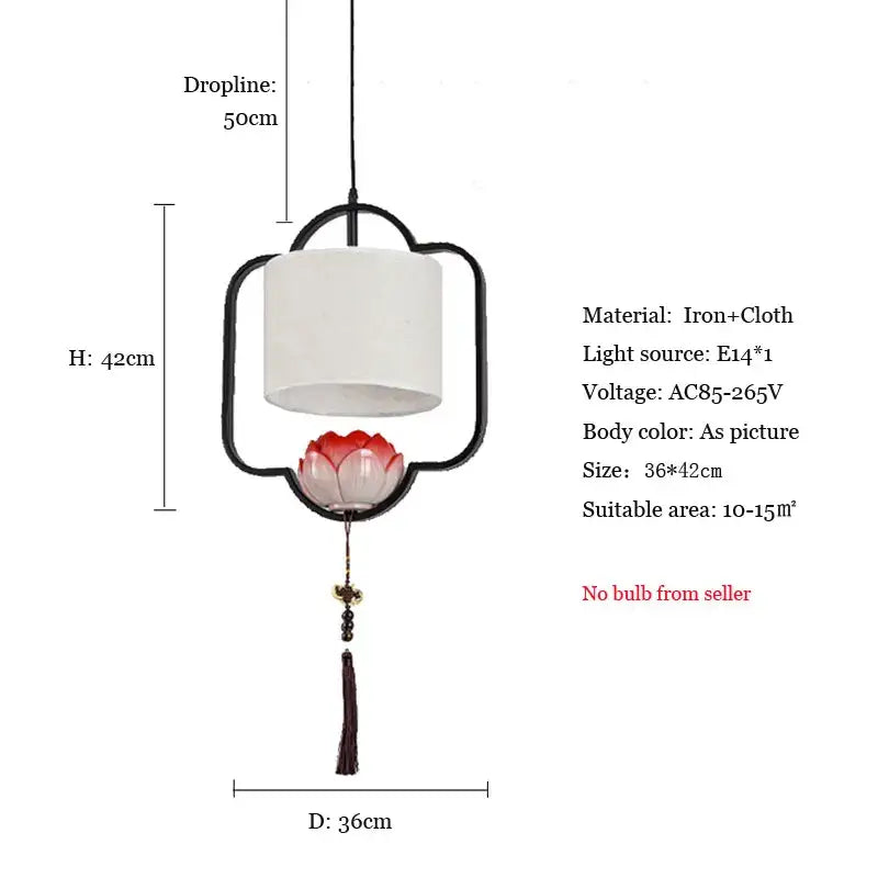 Black iron-framed DecorBites cloth chandelier with white shade and red lotus ornament for dining room lighting
