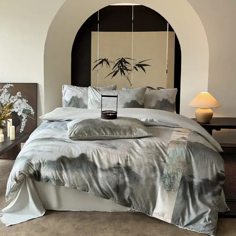 Silk duvet cover set with soft gray white ink wash landscape design and digital printing bedding by decorbites