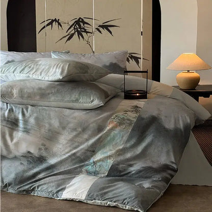 Decorbites™ chinese digital printing bedding set with soft gray silk duvet cover featuring traditional bamboo design