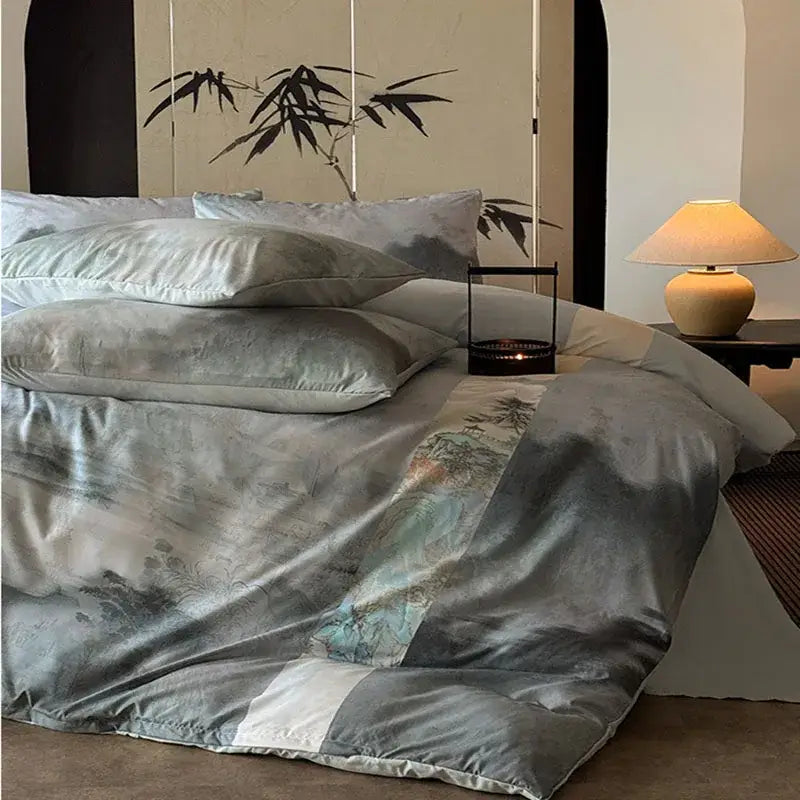 Decorbites™ chinese digital printing bedding set with soft gray silk duvet cover featuring traditional bamboo design