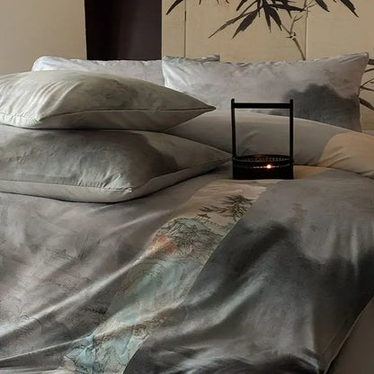Silk duvet cover from decorbites™ bedding set with delicate ink-wash landscape in muted blues and grays digital printing bedding