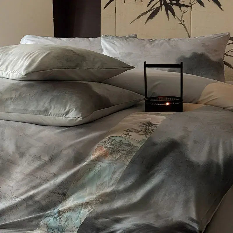 Silk duvet cover from decorbites™ bedding set with delicate ink-wash landscape in muted blues and grays digital printing bedding