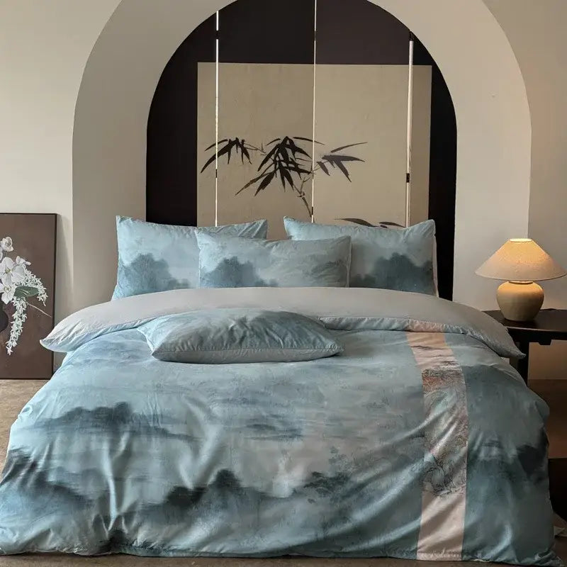 DecorBites Chinese digital printing bedding set features a blue and gray mountain landscape duvet cover with satin finish