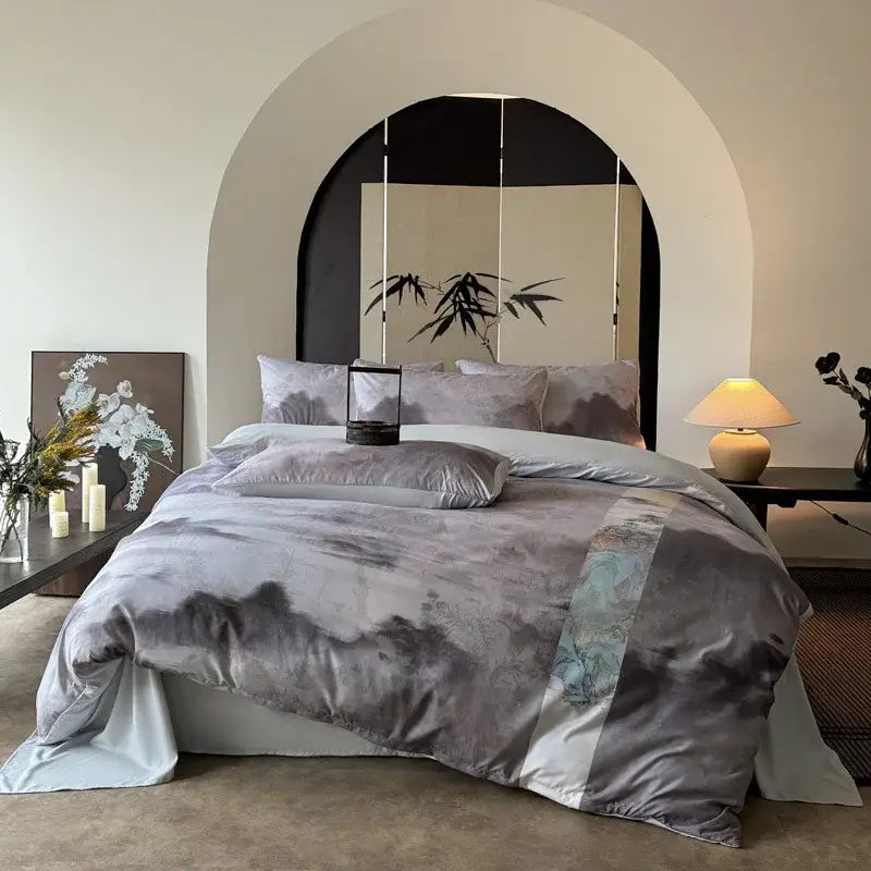 Decorbites™ chinese digital printing bedding set in gray and white cloud-patterned satin with blue-green accent stripe duvet cover