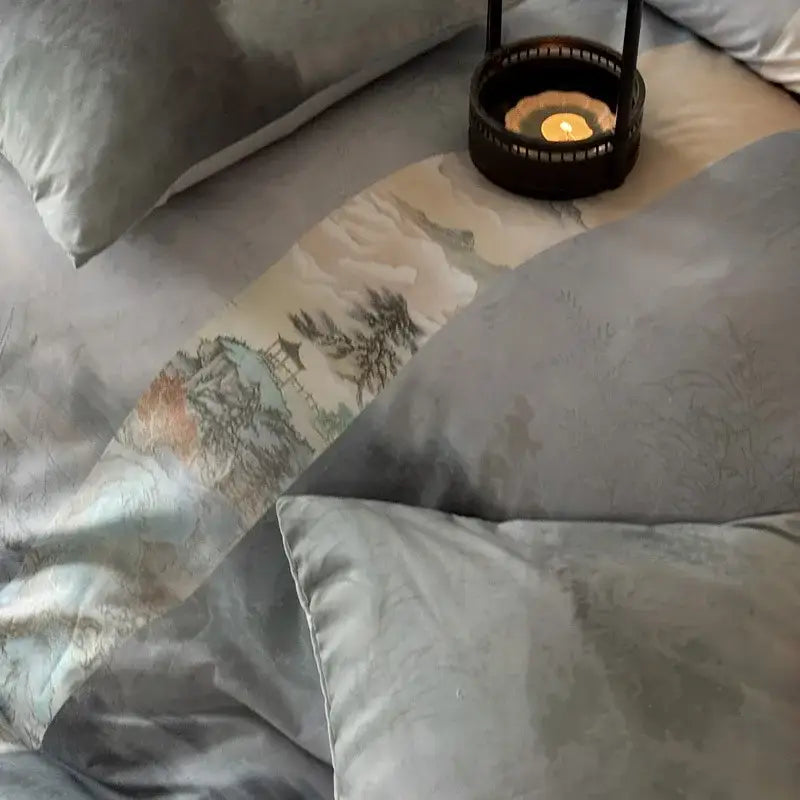 A dark brown woven lantern with a glowing candle on a bed featuring decorbites™ chinese digital printing bedding set