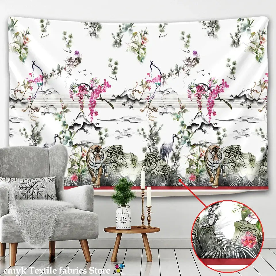 Decorbites chinese dragon castle totem tapestry wall hanging with traditional black ink tiger design on white fabric