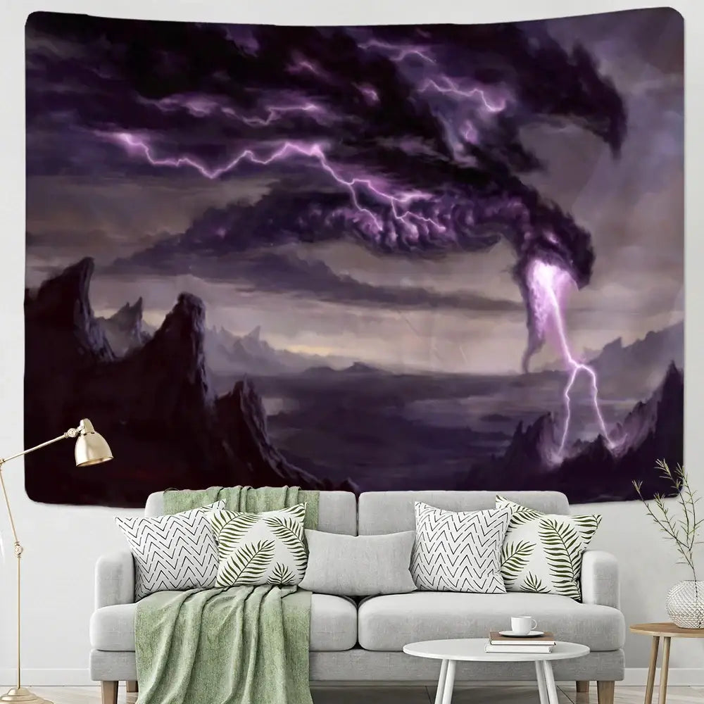 Purple lightning dragon castle totem tapestry hanging above a gray sofa in a dragon castle totem decor setting
