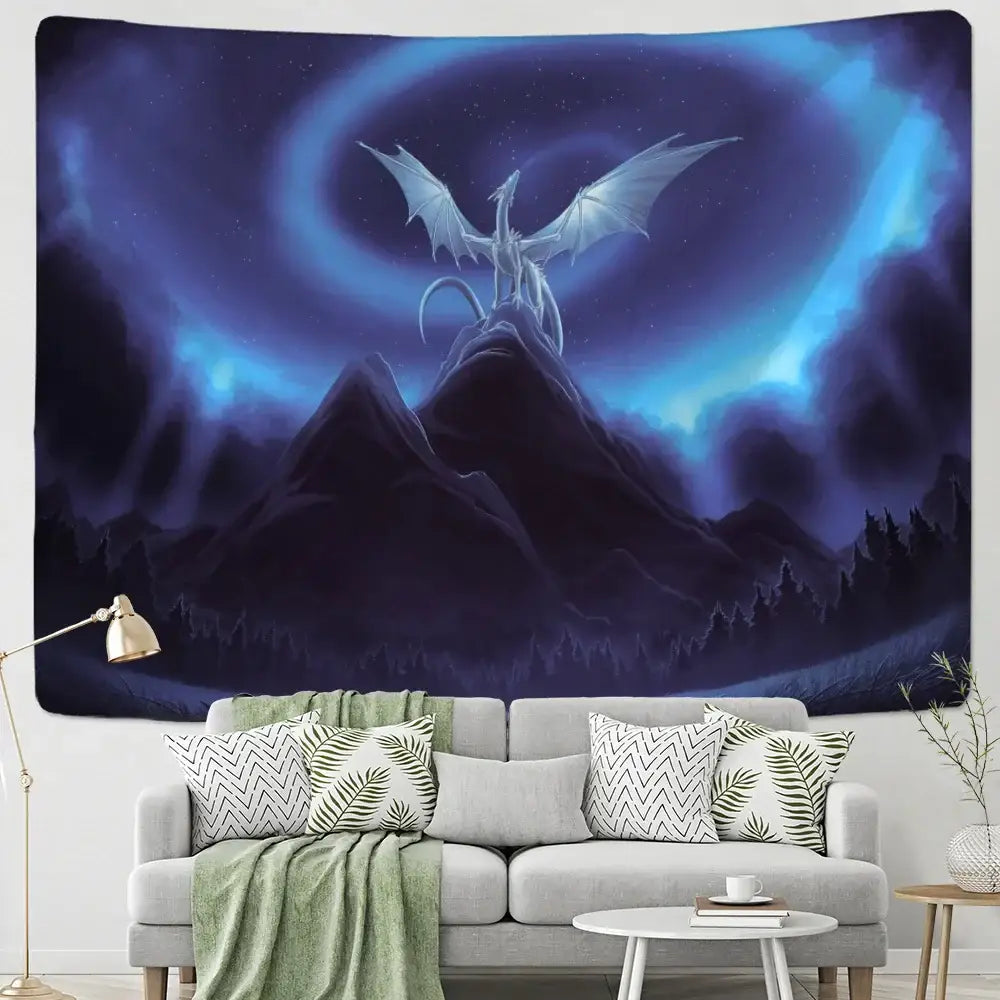Decorbites™ dragon castle totem tapestry wall hanging features a white dragon on a mountain under a blue aurora sky