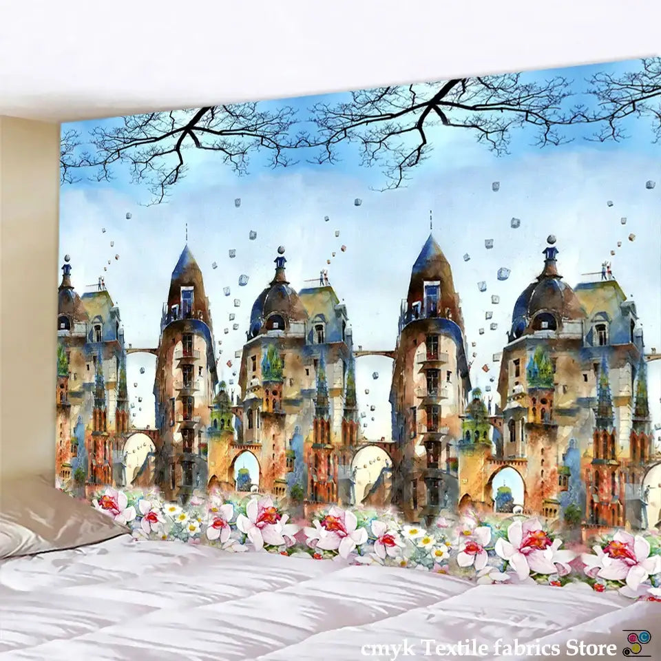 Decorbites™ dragon castle totem tapestry wall hanging features a watercolor cityscape with ornate towers and blooming flowers