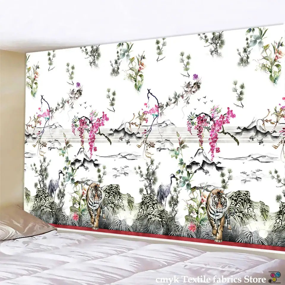 DecorBites™ dragon castle totem tapestry wall hanging with artistic tiger print on white background for home decor