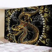 Decorbites™ dragon castle totem tapestry wall hanging with intricate golden dragon on black background and checkered borders